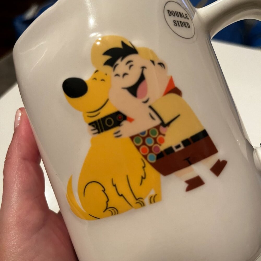 Rae Dunn and Disney Pixar UP "Adventure Buddy" double-sided ceramic mug.